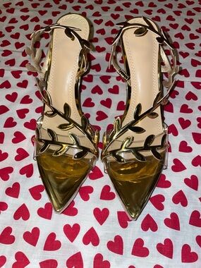 Clear & gold pointy open toe leaf heels (41=10)(new)